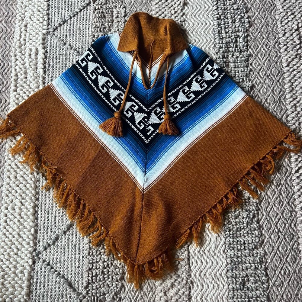 Brown and Blue Knit Poncho - Picture 1 of 4